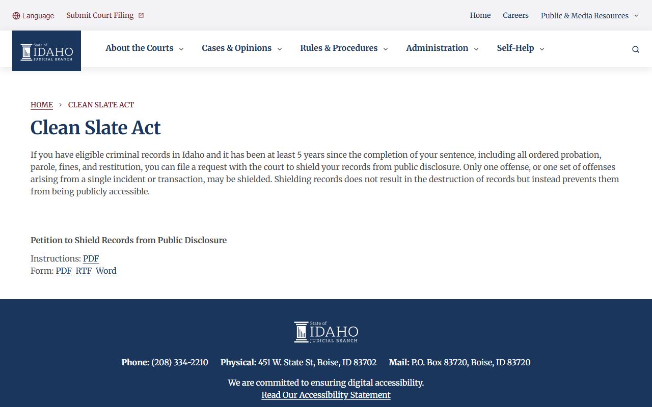 Owyhee County court records Idaho Clean Slate Act shielding page
