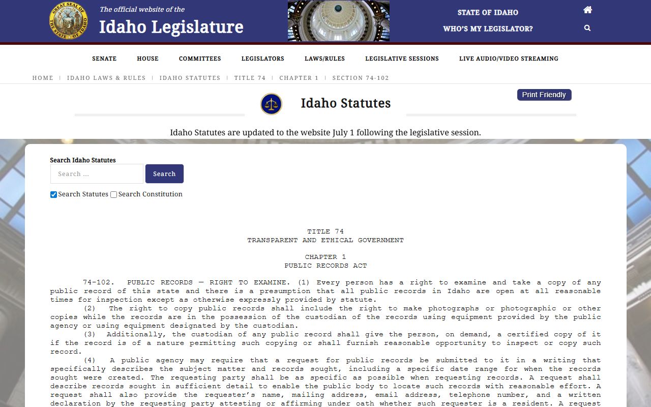 Owyhee County court records Idaho public records inspection statute