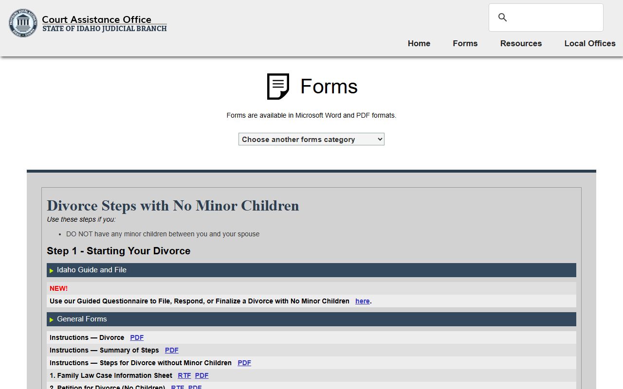 Owyhee County divorce records Idaho self-help divorce forms
