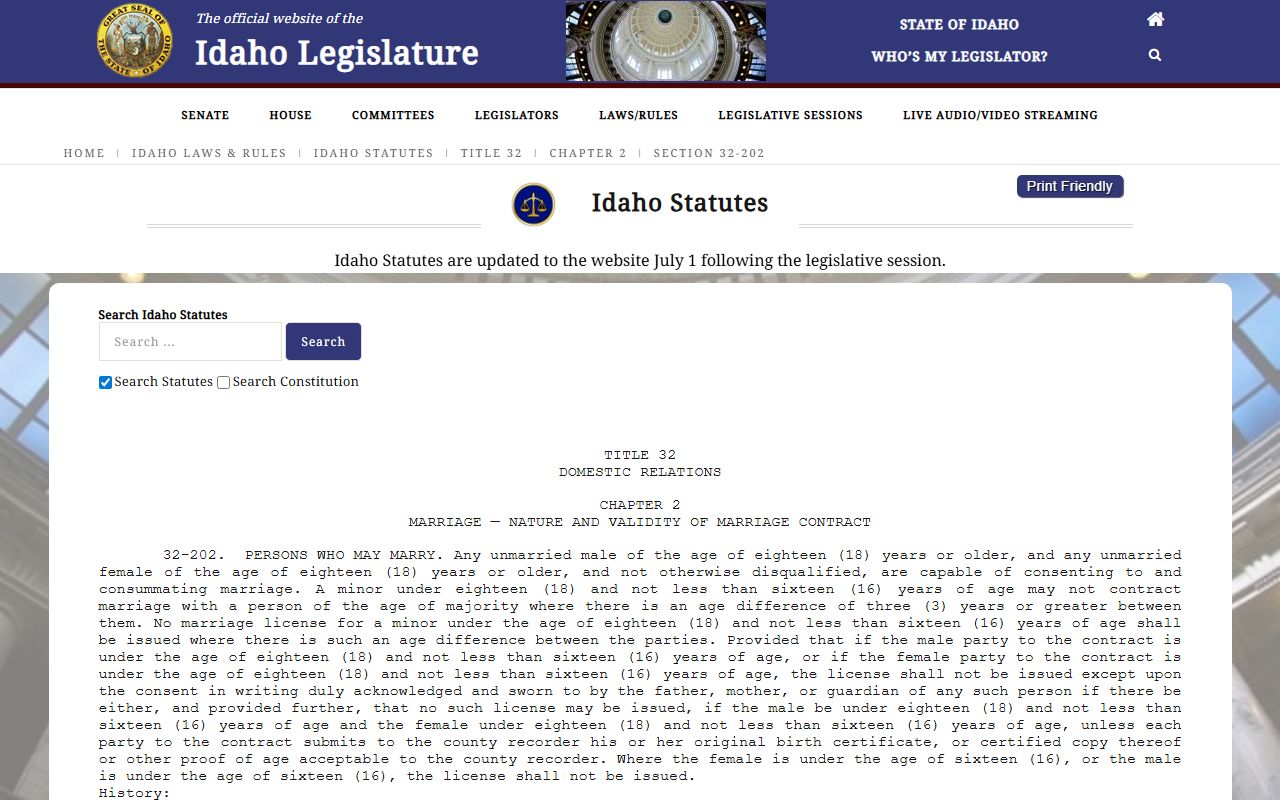Owyhee County marriage records Idaho proof of age statute