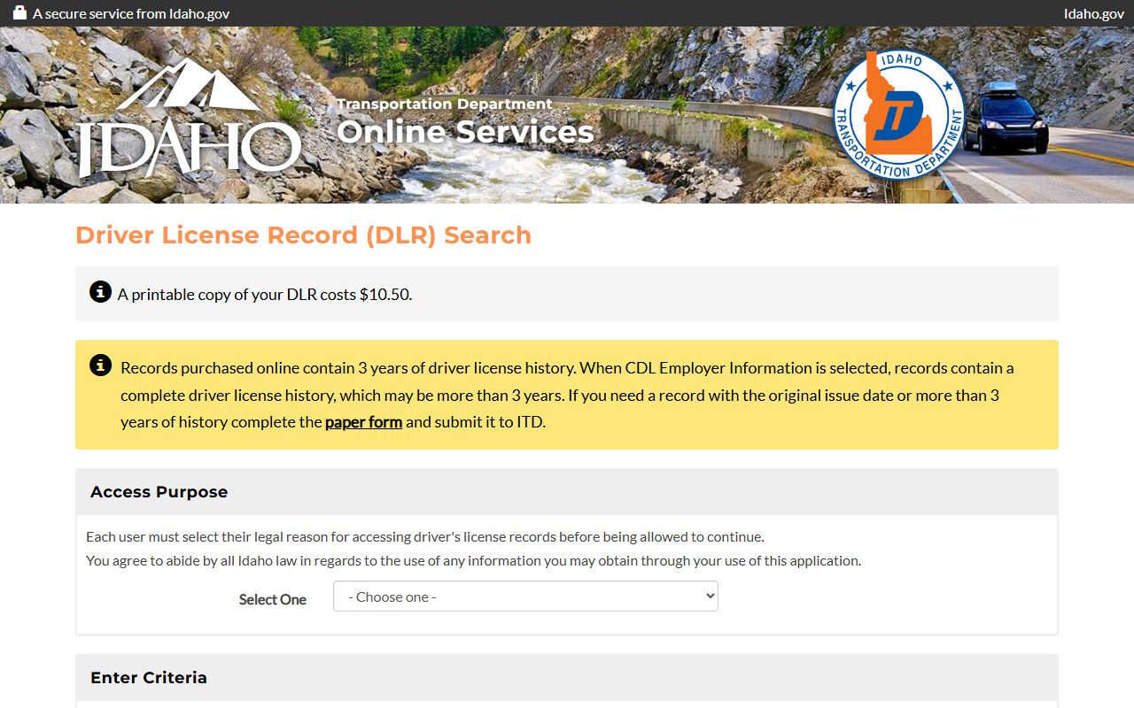 Owyhee County traffic court records and Tyler Idaho driver record purchase page