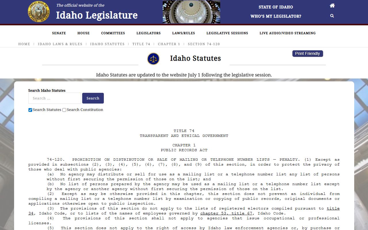 Owyhee County warrant records and Idaho mailing list restriction